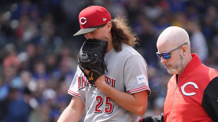 Cincinnati Reds pitcher Rhett Lowder (25) leaves the game