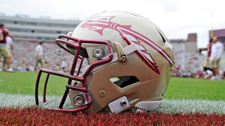 Oct 7, 2017; Tallahassee, FL, USA; View of a Florida State Seminoles helmet on the field before the game against the Miami Hurricanes at Doak Campbell Stadium. Mandatory Credit: Melina Vastola-Imagn Images