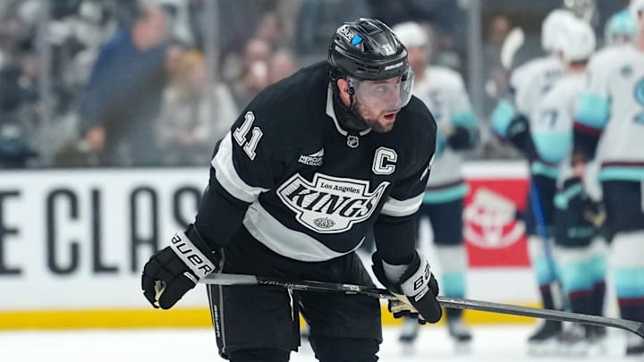 Dec 23, 2025; Los Angeles, California, USA; LA Kings center Anze Kopitar (11) reacts at the end of the game against the Seattle Kraken at Crypto.com Arena. Mandatory Credit: Kirby Lee-Imagn Images