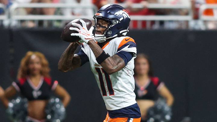 Denver Broncos wide receiver Troy Franklin (11) catches a pass against the Atlanta Falcons. Denver Broncos wide receiver Troy Franklin (11) catches a pass against the Atlanta Falcons.