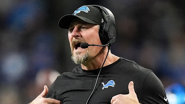 Detroit Lions head coach Dan Campbell reacts to a play against Buffalo Bills during the first half at Ford Field in Detroit on Sunday, Dec. 15, 2024. Detroit Lions head coach Dan Campbell reacts to a play against Buffalo Bills during the first half at Ford Field in Detroit on Sunday, Dec. 15, 2024.