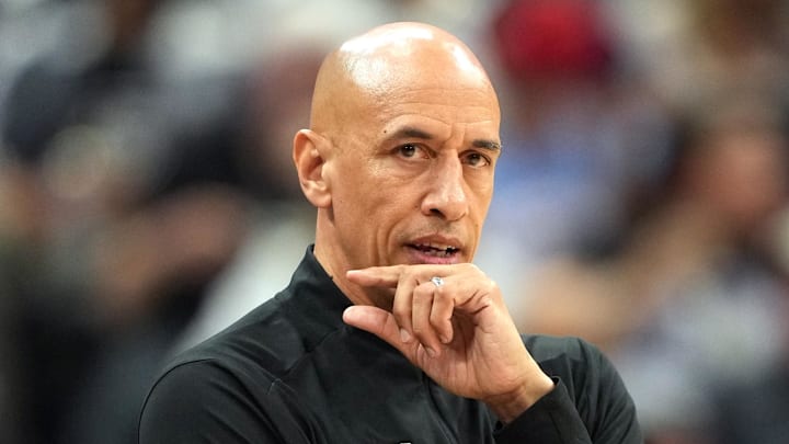 Apr 11, 2025; Sacramento, California, USA; Sacramento Kings interim head coach Doug Christie during the first quarter against the Los Angeles Clippers at Golden 1 Center. Mandatory Credit: Darren Yamashita-Imagn Images