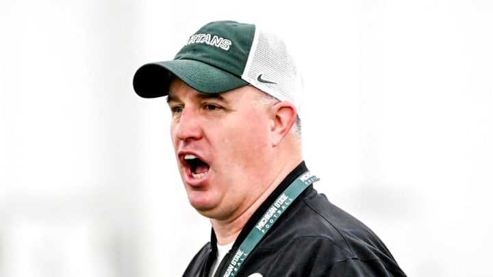 Michigan State's head coach Pat Fitzgerald calls out to players during spring football practice on Tuesday, April 14, 2026, in East Lansing.