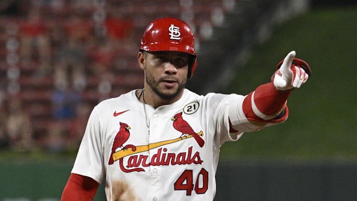 Sep 15, 2025; St. Louis, Missouri, USA; St. Louis Cardinals first baseman Willson Contreras (40) celebrates after hitting a RBI single against the Cincinnati Reds in the sixth inning at Busch Stadium. Mandatory Credit: Joe Puetz-Imagn Images
