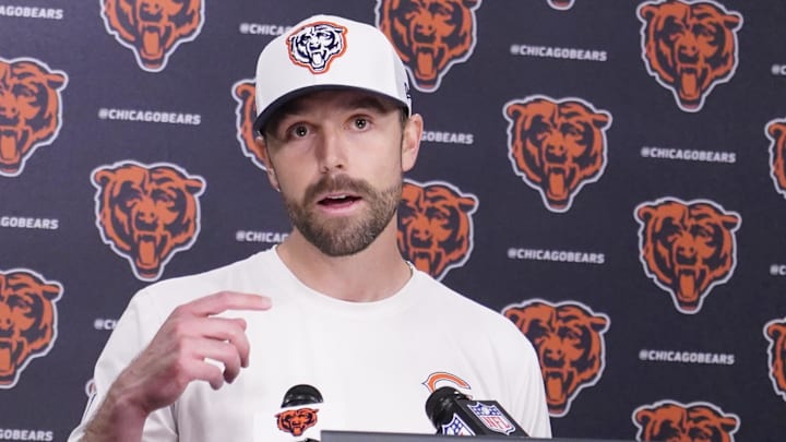 May 10, 2025; Lake Forest, IL, USA; Chicago Bears offensive coordinator Declan Doyle answers questions after rookie minicamp at Halas Hall. Mandatory Credit: David Banks-Imagn Images