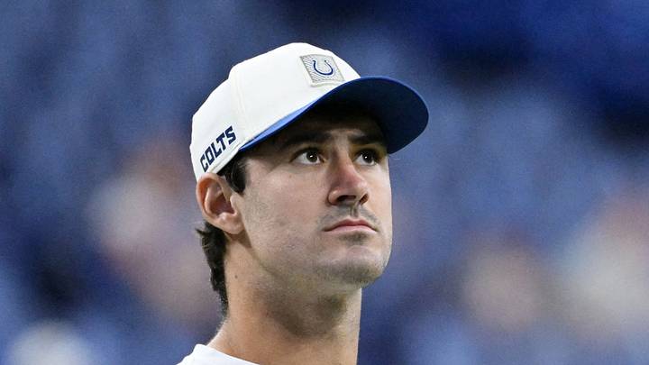 Indianapolis Colts quarterback Daniel Jones looks on during warmups Indianapolis Colts quarterback Daniel Jones looks on during warmups