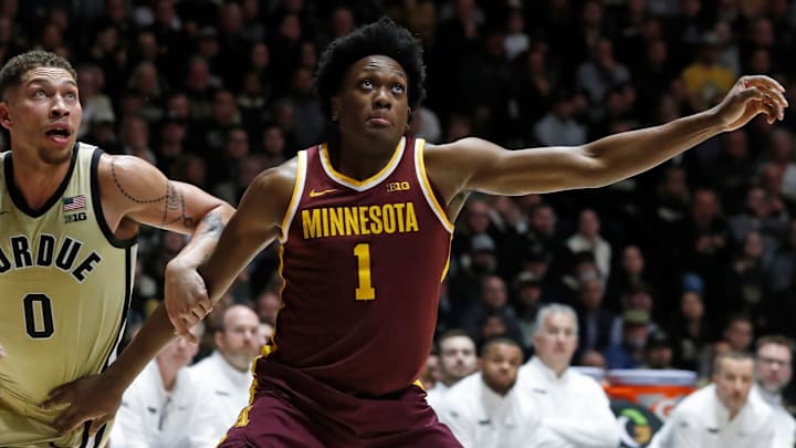 Minnesota forward Joshua Ola-Joseph (1) boxes out Purdue forward Mason Gillis (0) during the NCAA men's basketball game, Thursday, Feb. 15, 2024, at Mackey Arena in West Lafayette, Ind. Purdue won 84-76. Minnesota forward Joshua Ola-Joseph (1) boxes out Purdue forward Mason Gillis (0) during the NCAA men's basketball game, Thursday, Feb. 15, 2024, at Mackey Arena in West Lafayette, Ind. Purdue won 84-76.