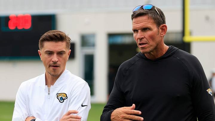 Jacksonville Jaguars general manager James Gladstone, left, and Executive Vice President of football operations Tony Boselli talk during the first day of NFL Training Camp at the Miller Electric Center on Wednesday, July 29, 2026, in Jacksonville, Fla.