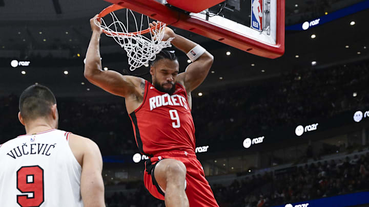 Nov 17, 2024; Chicago, Illinois, USA;  Houston Rockets forward Dillon Brooks (9) dunks the ball against the Chicago Bulls during the first half at United Center. Mandatory Credit: Matt Marton-Imagn Images