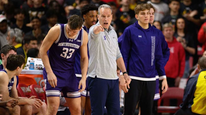 Mar 8, 2025; College Park, Maryland, USA; Northwestern Wildcats head coach Chris Collins calls a play during the first half against the Maryland Terrapins at Xfinity Center. Mandatory Credit: Reggie Hildred-Imagn Images