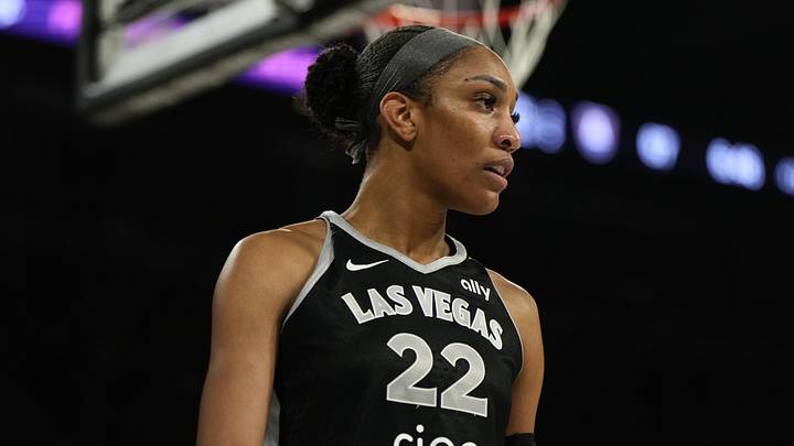 Aug 19, 2025; Las Vegas, Nevada, USA; Las Vegas Aces center A'ja Wilson (22) during the second half of a WNBA basketball game against the Atlanta Dream at Michelob Ultra Arena. Mandatory Credit: Lucas Peltier-Imagn Images