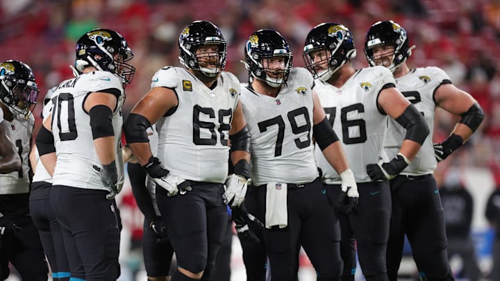 Dec 24, 2023; Tampa, Florida, USA;  Jacksonville Jaguars guard Brandon Scherff (68) and center Luke