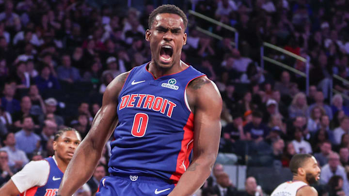 Apr 19, 2025; New York, New York, USA; Detroit Pistons center Jalen Duren (0) reacts after scoring against the New York Knicks in Game One of the First Round of the NBA Playoffs at Madison Square Garden. Mandatory Credit: Wendell Cruz-Imagn Images Apr 19, 2025; New York, New York, USA; Detroit Pistons center Jalen Duren (0) reacts after scoring against the New York Knicks in Game One of the First Round of the NBA Playoffs at Madison Square Garden. Mandatory Credit: Wendell Cruz-Imagn Images