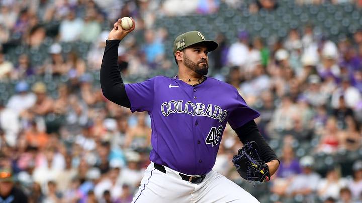 May 16, 2026; Denver, Colorado, USA; Colorado Rockies pitcher Antonio Senzatela (49) pitches against the Arizona Diamondbacks in the ninth inning at Coors Field. Mandatory Credit: Christopher Hanewinckel-Imagn Images
