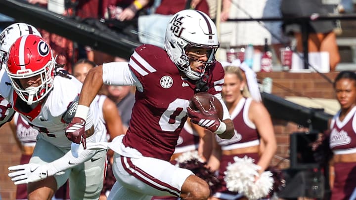 Mississippi State Bulldogs wide receiver Brenen Thompson (0) runs with the ball against the Georgia Bulldogs during the second half at Davis Wade Stadium at Scott Field. Mississippi State Bulldogs wide receiver Brenen Thompson (0) runs with the ball against the Georgia Bulldogs during the second half at Davis Wade Stadium at Scott Field.