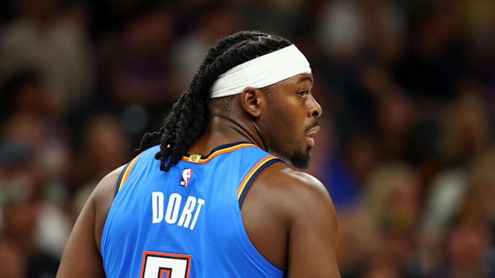 Apr 27, 2026; Phoenix, Arizona, USA; Detailed view of the jersey of Oklahoma City Thunder guard Luguentz Dort (5) against the Phoenix Suns during game four of the first round of the 2026 NBA Playoffs at Mortgage Matchup Center. Mandatory Credit: Mark J. Rebilas-Imagn Images