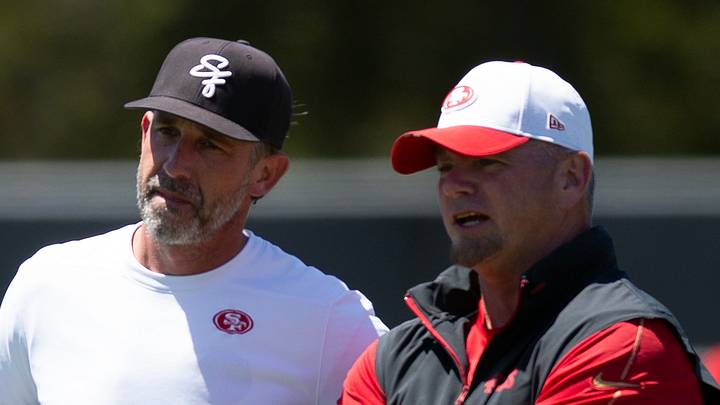 San Francisco 49ers head coach Kyle Shanahan (left) with special teams coordinator Brant Boyer (right)