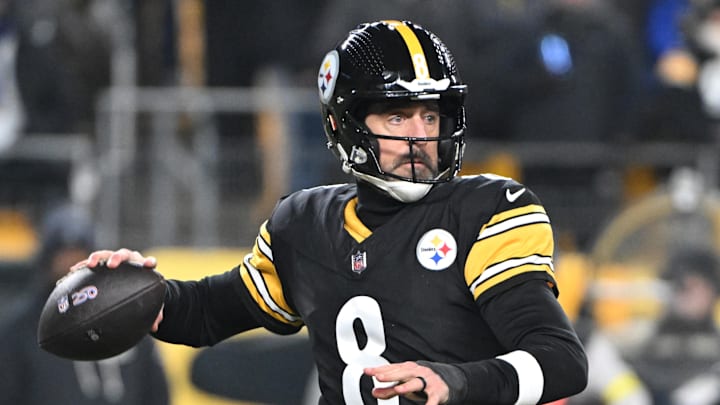 Jan 4, 2026; Pittsburgh, Pennsylvania, USA; Pittsburgh Steelers quarterback Aaron Rodgers (8) drops back to pass against the Baltimore Ravens during the first half at Acrisure Stadium. Mandatory Credit: Barry Reeger-Imagn Images