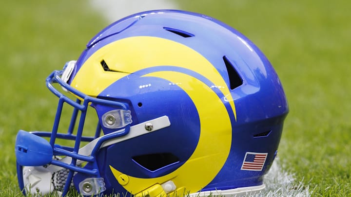 Nov 5, 2023; Green Bay, Wisconsin, USA;  General view of an Los Angeles Rams helmet during warmups prior to the game against the Green Bay Packers at Lambeau Field. Mandatory Credit: Jeff Hanisch-Imagn Images