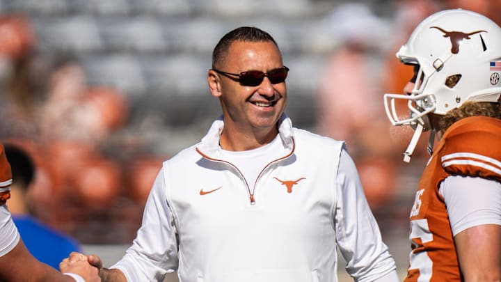 Texas Longhorns coach Steve Sarkisian talks with the special teams as they warm up ahead of the Longhorns' game against the Florida Gators at Darrell K. Royal Texas Memorial Stadium in Austin.