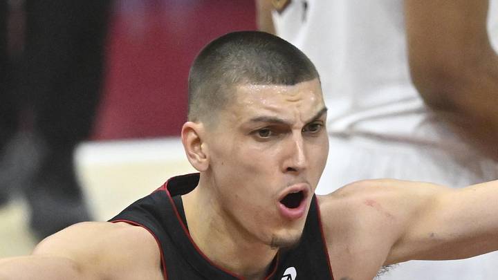 Miami Heat guard Tyler Herro (14) reacts in the third quarter of game two of the first round of the 2025 NBA Playoffs against the Cleveland Cavaliers at Rocket Arena on Apr 23, 2025.