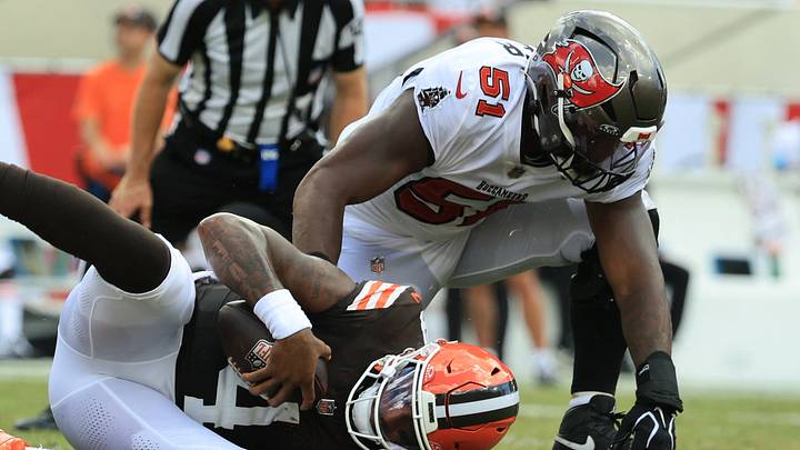 Sep 20, 2026; Tampa, Florida, USA; Tampa Bay Buccaneers linebacker David Walker (51) sacks Cleveland Browns quarterback Deshaun Watson (4) during the first half at Raymond James Stadium. Mandatory Credit: Kim Klement Neitzel-Imagn Images Sep 20, 2026; Tampa, Florida, USA; Tampa Bay Buccaneers linebacker David Walker (51) sacks Cleveland Browns quarterback Deshaun Watson (4) during the first half at Raymond James Stadium. Mandatory Credit: Kim Klement Neitzel-Imagn Images