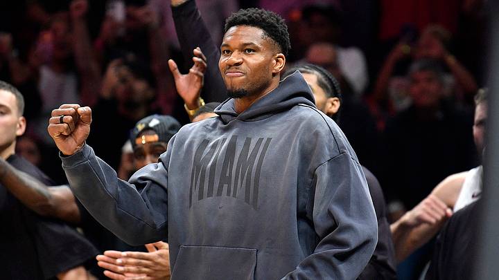 Miami Heat small forward Giannis Antetokounmpo cheers for his team  (Mandatory Credit: Michael Laughlin-Imagn Images)