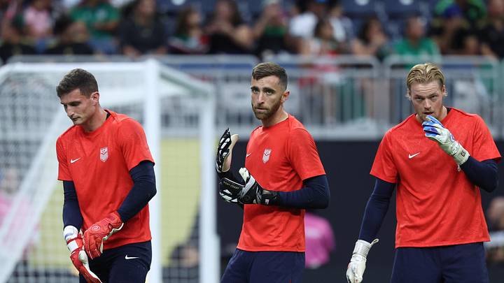 Jul 6, 2025; Houston, Texas, USA; United States goalkeeper Matthew Freese (25), United States goalkeeper Matt Turner (1), and United States goalkeeper Chris Brady (26) look on during warm ups prior to the match against Mexico during the 2025 Gold Cup Final at NRG Stadium. Mandatory Credit: Troy Taormina-Imagn Images