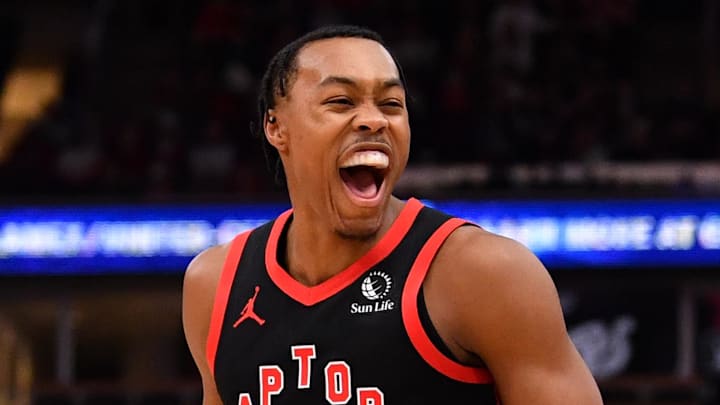 Toronto Raptors forward Scottie Barnes (4) reacts after hitting a three point shot during the first half against the Chicago Bulls at the United Center.