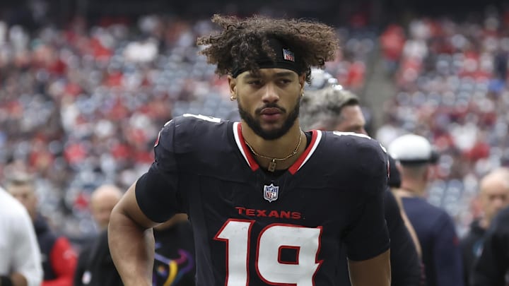 Sep 29, 2024; Houston, Texas, USA; Houston Texans wide receiver Xavier Hutchinson (19) during the game against the Jacksonville Jaguars at NRG Stadium. Mandatory Credit: Troy Taormina-Imagn Images