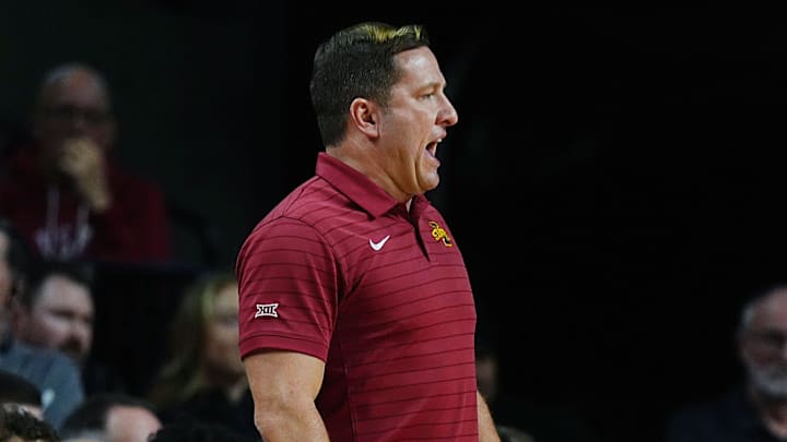 Iowa State Cyclones men's basketball head coach T.J. Otzelberger calls a play against Colorado during the first half in the Big-12 men’s basketball on Jan. 29, 2026, at Hilton Coliseum in Ames, Iowa.