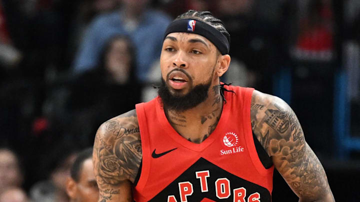 Nov 23, 2025; Toronto, Ontario, CAN; Toronto Raptors forward Brandon Ingram (3) dribbles the ball against the Brooklyn Nets in the second half at Scotiabank Arena. Nov 23, 2025; Toronto, Ontario, CAN; Toronto Raptors forward Brandon Ingram (3) dribbles the ball against the Brooklyn Nets in the second half at Scotiabank Arena.