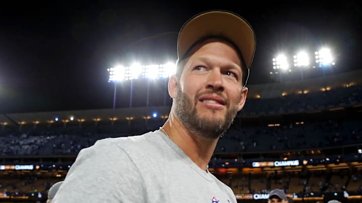 Los Angeles Dodgers pitcher Clayton Kershaw celebrates the 2024 World Series win.