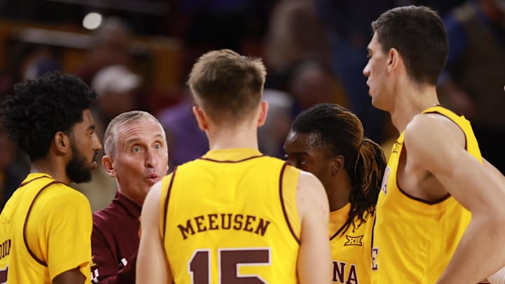 Jan 10, 2026; Tempe, Arizona, USA; Arizona State Sun Devils head coach Bobby Hurley in the huddle with his players against the Kansas State Wildcats in the first half at Desert Financial Arena. Mandatory Credit: Mark J. Rebilas-Imagn Images Jan 10, 2026; Tempe, Arizona, USA; Arizona State Sun Devils head coach Bobby Hurley in the huddle with his players against the Kansas State Wildcats in the first half at Desert Financial Arena. Mandatory Credit: Mark J. Rebilas-Imagn Images