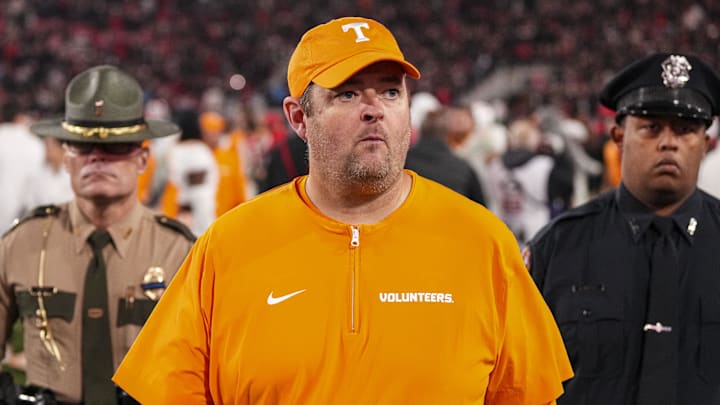 Nov 16, 2024; Athens, Georgia, USA; Tennessee Volunteers head coach Josh Heupel shown walking off the field after the game against the Georgia Bulldogs at Sanford Stadium. Mandatory Credit: Dale Zanine-Imagn Images