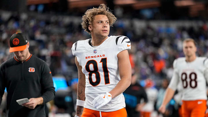 Cincinnati Bengals wide receiver Jermaine Burton (81) walks for the locker room at halftime of the NFL Week 11 game between the Los Angeles Chargers and the Cincinnati Bengals at SoFi Stadium in Inglewood, Calif., on Sunday, Nov. 17, 2024. The Chargers led 24-6 at halftime.