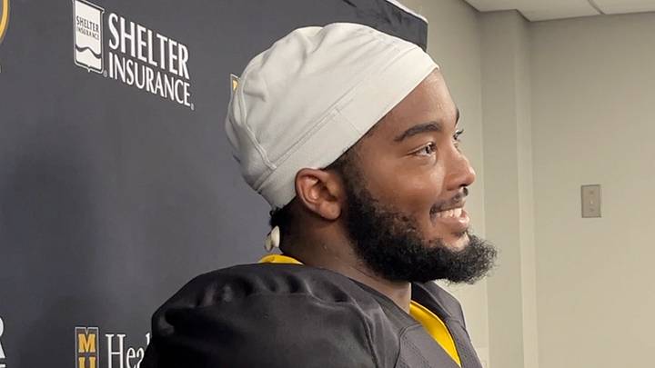 Missouri Tigers offensive lineman Curtis Peagler smiles while speaking to local media after practice on Tuesday, Aug. 11, 2025 in Columbia, Missouri, USA. Missouri Tigers offensive lineman Curtis Peagler smiles while speaking to local media after practice on Tuesday, Aug. 11, 2025 in Columbia, Missouri, USA.