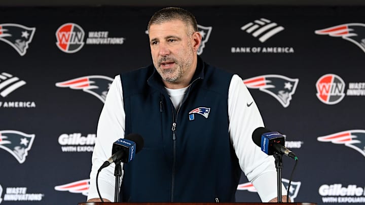 Mar 13, 2025; Foxborough, MA, USA; New England Patriots head coach Mike Vrabel discusses the teamís recent free agent additions with the media at Gillette Stadium. Mandatory Credit: Eric Canha-Imagn Images