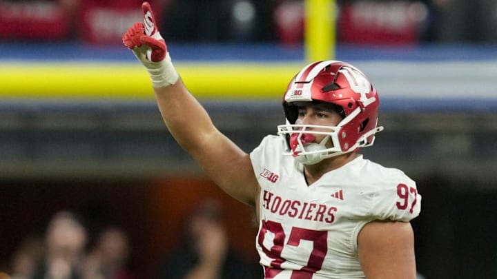 Indiana defensive lineman Mario Landino celebrates a sack Dec. 6, 2025, vs. Ohio State at Lucas Oil Stadium in Indianapolis. Indiana defensive lineman Mario Landino celebrates a sack Dec. 6, 2025, vs. Ohio State at Lucas Oil Stadium in Indianapolis.