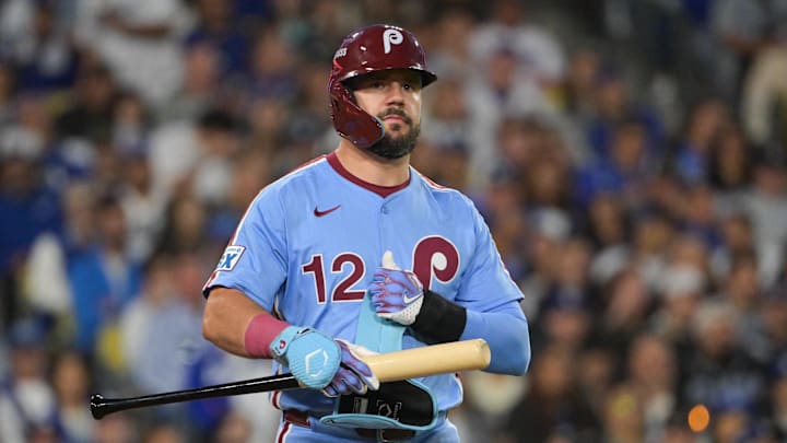 Oct 8, 2025; Los Angeles, California, USA; Philadelphia Phillies designated hitter Kyle Schwarber (12) looks on during the seventh inning against the Los Angeles Dodgers during game three of the NLDS round for the 2025 MLB playoffs at Dodger Stadium. Mandatory Credit: Jayne Kamin-Oncea-Imagn Images Oct 8, 2025; Los Angeles, California, USA; Philadelphia Phillies designated hitter Kyle Schwarber (12) looks on during the seventh inning against the Los Angeles Dodgers during game three of the NLDS round for the 2025 MLB playoffs at Dodger Stadium. Mandatory Credit: Jayne Kamin-Oncea-Imagn Images