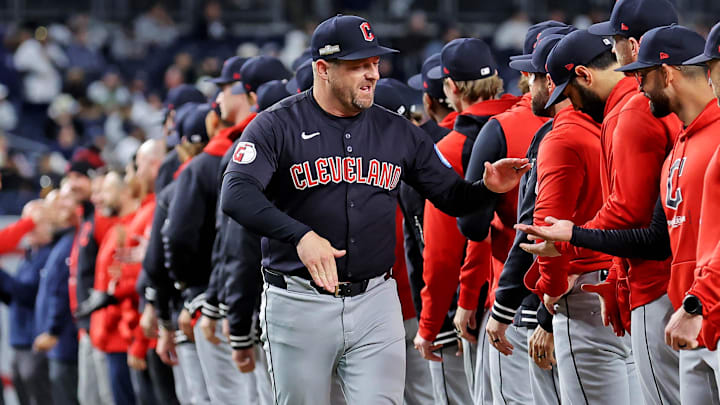 Oct 14, 2024; Bronx, New York, USA; Cleveland Guardians manager Stephen Vogt is introduced before playing against the New York Yankees game one of the ALCS for the 2024 MLB Playoffs at Yankee Stadium. Mandatory Credit: Brad Penner-Imagn Images Oct 14, 2024; Bronx, New York, USA; Cleveland Guardians manager Stephen Vogt is introduced before playing against the New York Yankees game one of the ALCS for the 2024 MLB Playoffs at Yankee Stadium. Mandatory Credit: Brad Penner-Imagn Images