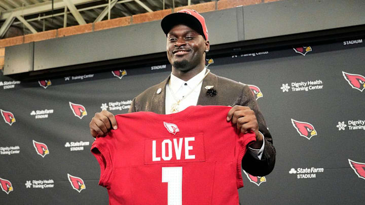 The Arizona Cardinals introduce their first-round draft pick running back Jeremiyah Love during a news conference at the Cardinals Dignity Health training facility on April 24, 2026, in Tempe, Ariz.