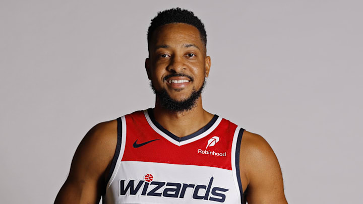 Sep 29, 2025; Washington, DC, USA; Washington Wizards guard CJ McCollum (3) poses for a portrait during Wizards Media Day at CareFirst Arena.  Mandatory Credit: Geoff Burke-Imagn Images