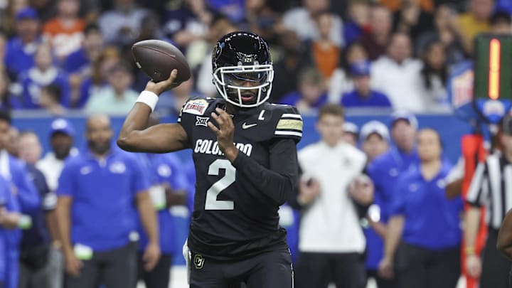 Dec 28, 2024; San Antonio, TX, USA; Colorado Buffaloes quarterback Shedeur Sanders (2) attempts a pass during the first quarter against the Brigham Young Cougars at Alamodome. 