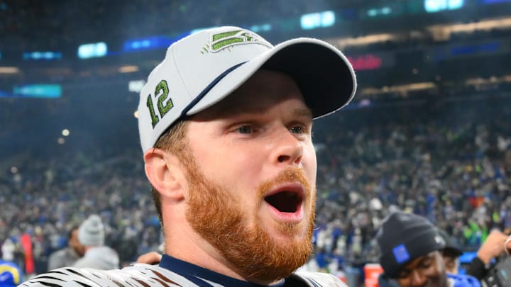 Seattle Seahawks quarterback Sam Darnold celebrates Seattle Seahawks quarterback Sam Darnold celebrates