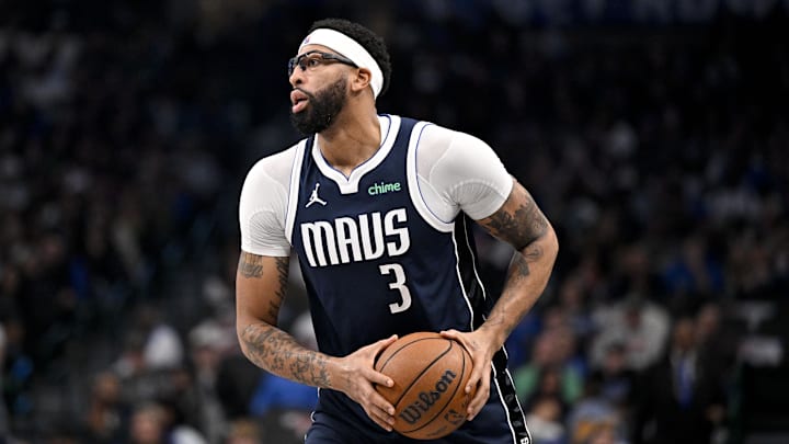 Dec 12, 2025; Dallas, Texas, USA; Dallas Mavericks forward Anthony Davis (3) looks to pass the ball during the game between the Mavericks and the Nets at the American Airlines Center. Mandatory Credit: Jerome Miron-Imagn Images