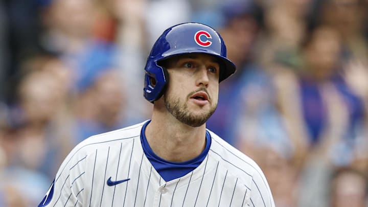 Apr 18, 2025; Chicago, Illinois, USA; Chicago Cubs outfielder Kyle Tucker (30) watches his two-run home run against the Arizona Diamondbacks during the eighth inning at Wrigley Field. Mandatory Credit: Kamil Krzaczynski-Imagn Images