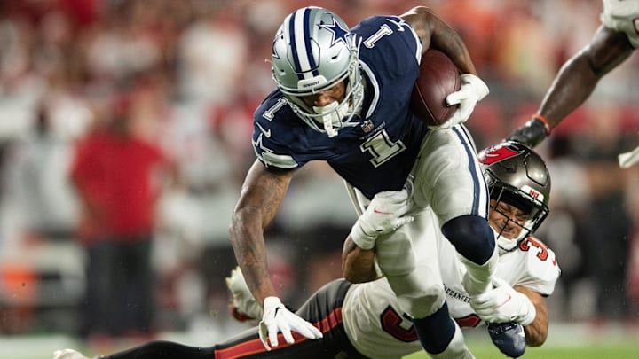 Sep 9, 2021; Tampa, Florida, USA; Dallas Cowboys wide receiver Cedrick Wilson (1) makes a catch against the Tampa Bay Buccaneers in the second quarter at Raymond James Stadium. Mandatory Credit: Jeremy Reper-Imagn Images