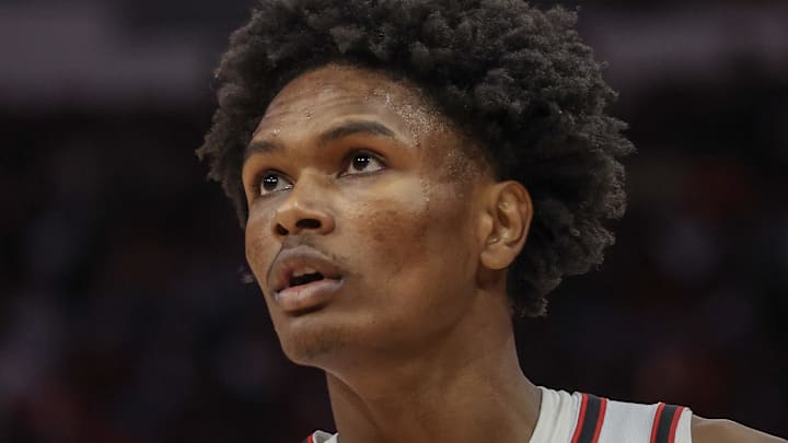 Nov 23, 2024; Houston, Texas, USA; Houston Rockets forward Amen Thompson (1) looks on while playing against the Portland Trail Blazers in the second quarter at Toyota Center. Mandatory Credit: Thomas Shea-Imagn Images