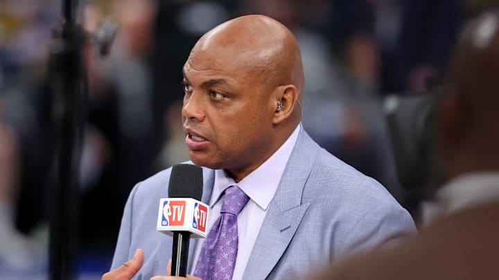 Jun 12, 2024; Dallas, Texas, USA; NBA TV analyst Charles Barkley talks on set before game three of the 2024 NBA Finals between the Boston Celtics and the Dallas Mavericks at American Airlines Center. Mandatory Credit: Kevin Jairaj-Imagn Images